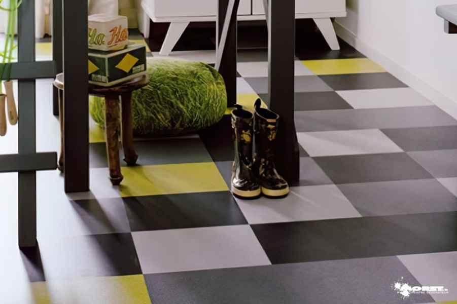 placement linoleum damier colore cuisine artisan peintre decorateur moret